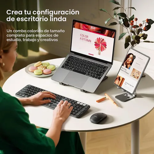 Vista 9 de seenda COE202 - Combo de teclado y mouse Bluetooth, teclas redondas retro, color negro Retro silent keyboard and mouse connects to 3 devices