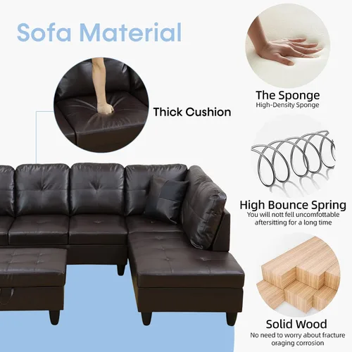 Vista 4 de Sofá modular para sala de estar, sofá seccional de cuero marrón en forma de L con diván y otomano de almacenamiento para sala de estar, B- marrón