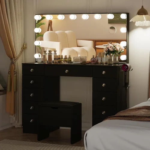 Vista 5 de VOWNER Tocador con espejo iluminado - Escritorio de maquillaje con luces y 11 cajones, 3 modos de iluminación de color con brillo ajustable
