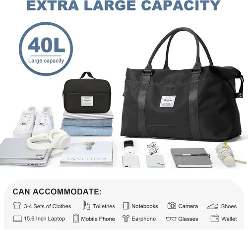 Vista 3 de Bolsas de lona de viaje, bolsa de fin de semana para mujer con bolsillo húmedo y bolsa de aseo personal, bolsa de viaje para gimnasio, Negro