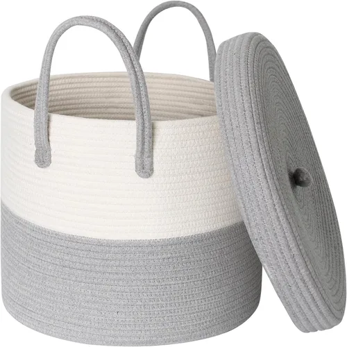Vista 8 de Cesta grande de 15 x 13 pulgadas con tapa, cesta de almacenamiento de cuerda de algodón para manta, juguete, almohada, toalla, lavandería, sala