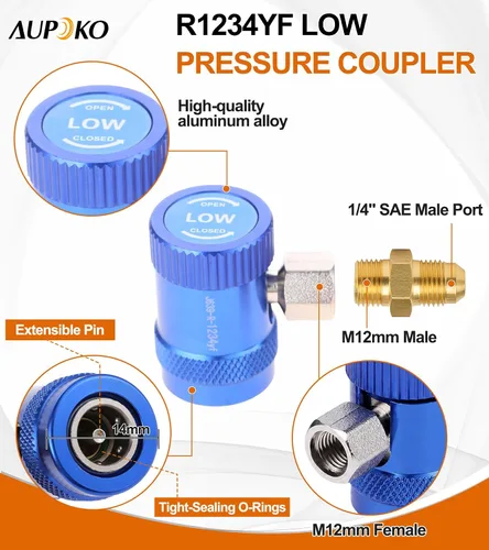 Vista 2 de Aupoko R1234yf Acoplador rápido, ajustable R1234yf Adaptador de acopladores rápidos de lado alto y bajo con destello SAE de 1/4", herramientas