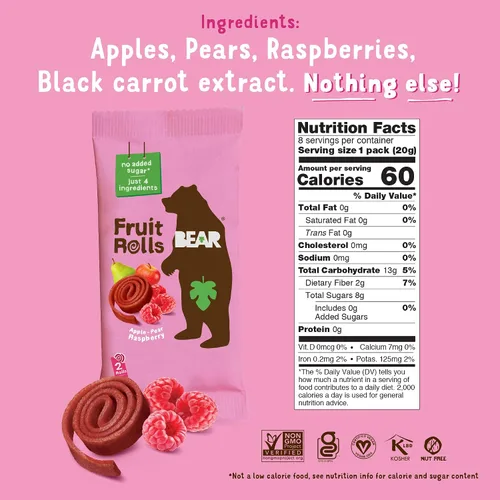 Vista 3 de BEAR Rollos de fruta real, paquete variado, 16 unidades (2 rollos por paquete)
