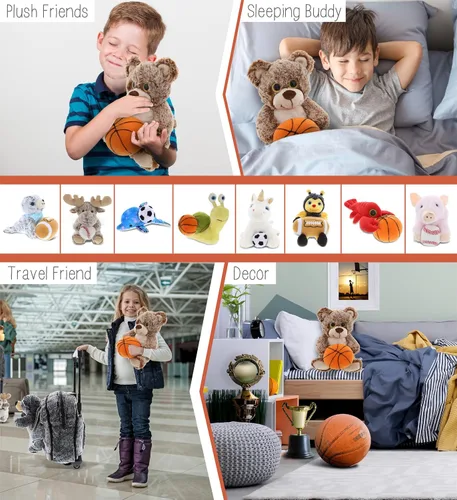 Vista 4 de DolliBu Oso marrón sentado con felpa de baloncesto, oso suave para abrazar, adorable juguete de peluche para jugar, lindo regalo de vida silvestre