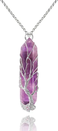 Vista 18 de VIBILIA - Collar con dije sanador para mujeres y hombres, piedra natural hexagonal en punta envuelta con alambre en forma del árbol de la vida