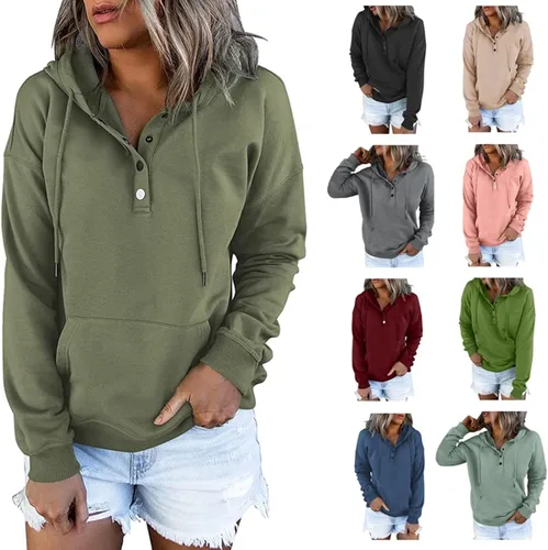 Vista 2 de Mmoneyake Sudaderas con capucha para mujer, con cuello de botón, con cordón, sin botones, casual, de manga larga, ropa de otoño