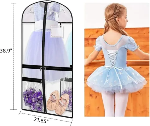Vista 2 de 1 paquete de bolsas de PVC transparente para disfraz de baile, bolsa de ropa de 39 pulgadas para competiciones de baile, funda de ropa colgante