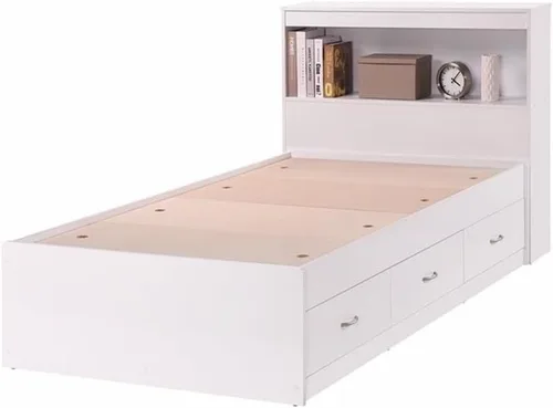 Vista 4 de Pemberly Row Cama de almacenamiento tamaño individual con cabecera de estantería, madera duradera, acabado blanco, 3 cajones, deslizadores