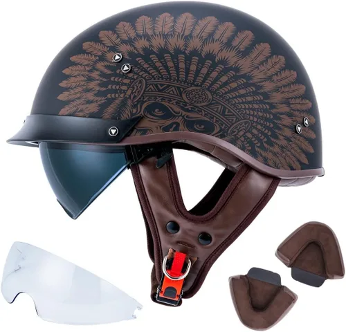 Vista 22 de VCOROS - Medio casco para motocicleta F07 de cara abierta, aprobado por DOT VCOROS Medio casco de motocicleta F07 de cara abierta aprobado por DOT