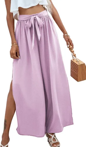 Vista 4 de Grlasen Pantalones bohemios de pierna ancha para mujer, cintura alta, con abertura lateral, pantalones palazzo, pantalones holgados, de gasa