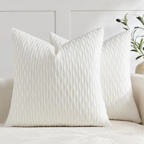 Vista 11 de DEZENE Fundas de almohada para sofá color marfil blanco: pack de 2 fundas de almohada cuadradas de terciopelo a rayas originales de 16x16 pulgadas