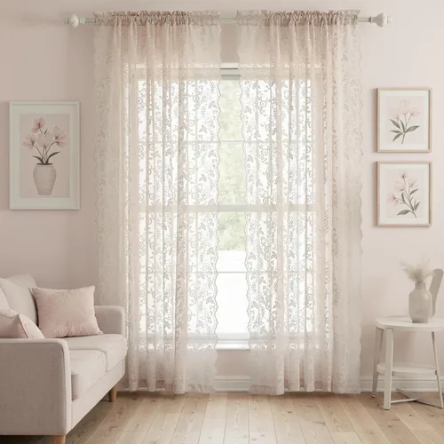 Vista 21 de FINECITY 2 paneles de cortinas de encaje beige de 36 pulgadas de largo con hojas florales rústicas, cortinas cortas y transparentes para ventana