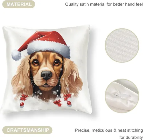 Vista 4 de Divertidas fundas de almohada de satén de Navidad con diseño de perro y cocker spaniel con gorro de Papá Noel, copos de nieve, decoración