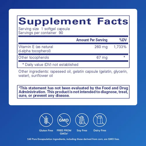 Vista 2 de Pure Encapsulations Vitamina E (con tocoferoles mixtos) - Protección antioxidante y función celular* - Contiene tocoferoles mixtos - Sin OMG - 90