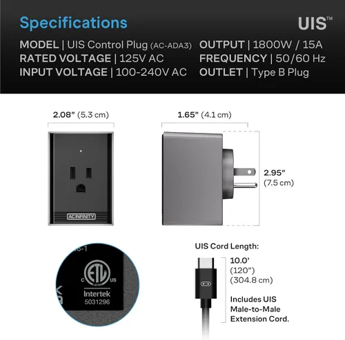 Vista 6 de AC Infinity Enchufe de Control UIS, Adaptador de Enchufe para Conectar Controladores Inteligentes UIS a Dispositivos de Toma de Corriente