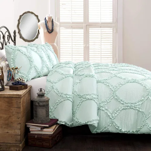 Vista 14 de Juego de edredón Lush Decor Avon, juego de 3 piezas, tamaño Full/Queen, color marfil - Juego de cama romántico estilo granja - Elegante ropa de cama