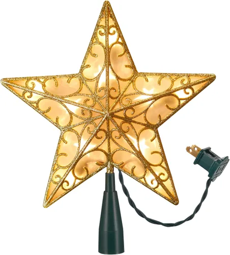 Vista 9 de Decoración para árbol de Navidad, estrella 3D con purpurina plateada, diseño hueco de metal, 10 lámparas integradas para interiores, oficina