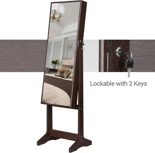 Vista 9 de SONGMICS - Armario gabinete de joyería con espejo espejo grande de pie de cuerpo completo organizador de joyas con cerradura color marrón UJJC69BR