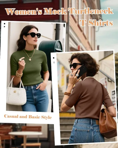 Vista 3 de Ficerd Paquete de 2 camisetas de cuello alto falso para mujer, media manga, casual, para negocios, ajustadas, básicas, elegantes para verano
