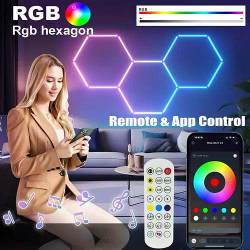 Vista 2 de 25Pack RGB Hexagon Lights,Music Sync 5Hex LED Hexagon Lights,RGB 358 Kinds of Changes Dimmable Speed-Adjustable DIY Color-Changing Lights Smart App