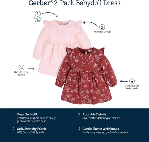Vista 6 de Gerber Paquete de 2 vestidos de manga larga para bebé niña