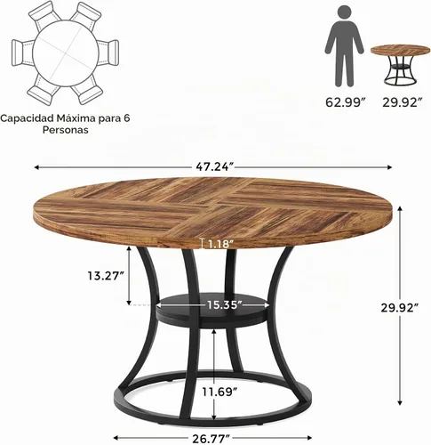 Vista 2 de Mesa de comedor redonda de 47 pulgadas para 4-6 personas con estante de almacenamiento, granja Asientos 4 – 6 estantes de almacenamiento