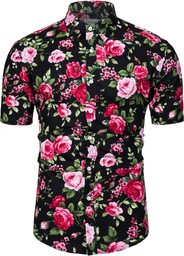 Vista 7 de TUNEVUSE - Camisa de manga corta para hombre con botones, diseño floral, camisa hawaiana de playa de verano de algodón Estampado de plátano.