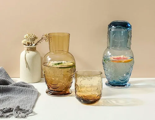 Vista 6 de Retro Crown Relief - Jarra de agua de noche de cristal transparente con vaso, jarra y taza de noche