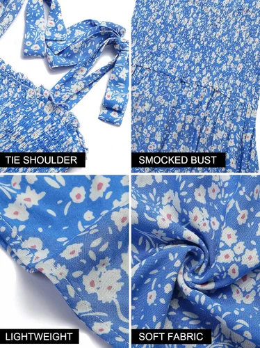 Vista 4 de ZESICA Vestido corto de playa con estampado floral bohemio de verano 2023 para mujer con tirantes delgados, cuello cuadrado, volantes, acampanado