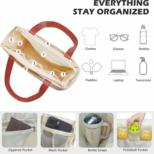 Vista 6 de Bolso de Pickleball para Mujeres, Elegante Bolso de Nylon con Capacidad para 2 Palas, Bola, Equipo, Bolso de Hombro Utilitario para Deportes