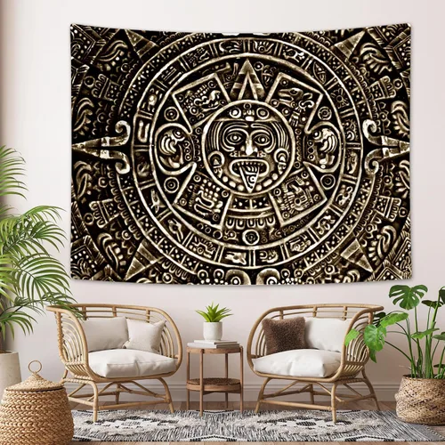 Vista 4 de Tapiz maya azteca para colgar en la pared, vista cercana de la historia del antiguo calendario azteca de la civilización maya, decoración artística