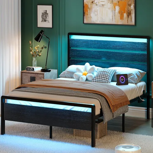 Vista 15 de VINGLI Base de cama de plataforma individual con cabecero y estribo LED, estación de carga USB, cama de panel de metal con espacio de almacenamiento