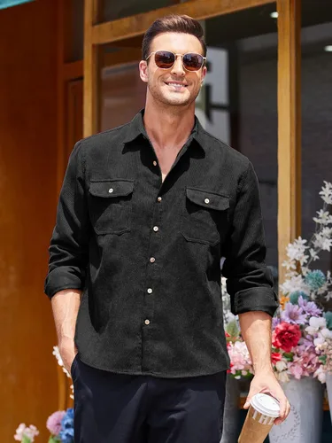 Vista 3 de COOFANDY Camisa casual de pana de manga larga con botones para hombre