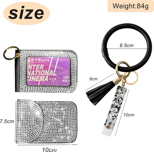 Vista 2 de Pulsera de pulsera, llavero, bolsillo para tarjetas de crédito, monedero, cristal brillante para mujer, llavero con borla, llavero, llavero, 7.5*10cm