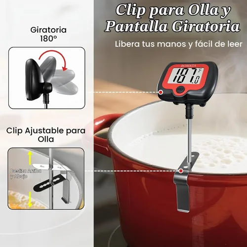 Vista 2 de BOMATA Termómetro digital de caramelo con clip para olla, termómetro de aceite para freír profundo con pantalla giratoria y sonda larga, para hacer