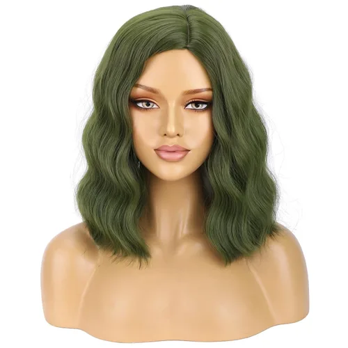 Vista 7 de BERON Pelucas negras y verdes para mujer, peluca ondulada corta y rizada para niñas, color mixto, longitud al hombro, parte lateral, Halloween