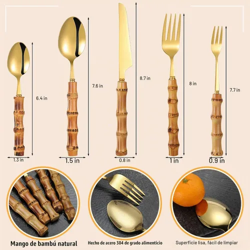 Vista 2 de Eboot Juego de cubiertos de bambú 18/8 de acero inoxidable, juego de vajilla natural, juego de utensilios de cocina, cubiertos con mango de bambú