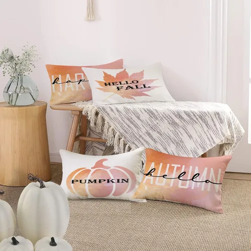 Vista 4 de Juego de 4 fundas de almohada de otoño de 12 x 20 pulgadas, diseño de calabaza y hoja de arce con texto en inglés "Hello Fall Happy Harvest