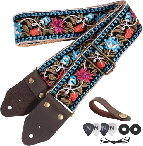 Vista 36 de Nefelibata Correa de guitarra, correas de guitarra de algodón bordado jacquard con extremos de cuero de caballo loco para bajo, eléctrico