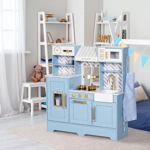 Vista 6 de BRINJOY Cocina de Juguete para Niños, Juego de Cocina de Madera para Niños con Cafetera, Horno, Estufa, Fregadero, Delantal, Máquina de Hielo