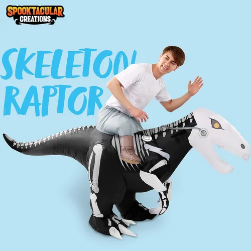 Vista 2 de Spooktacular Creations Raptor - Disfraz inflable para adultos disfraz de dragón de aire paseo de medio cuerpo dinosaurio esqueleto para fiestas