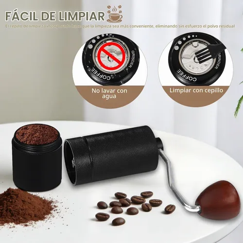 Vista 6 de Molinillo de café manual desmontable con rebabas cónicas de acero inoxidable de 25 niveles, molinillo portátil de grano de café de aluminio Negro