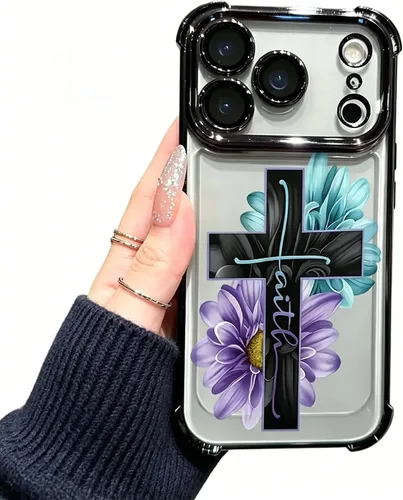 Vista 12 de Funciona con funda transparente para iPhone, Faith Cross Floral