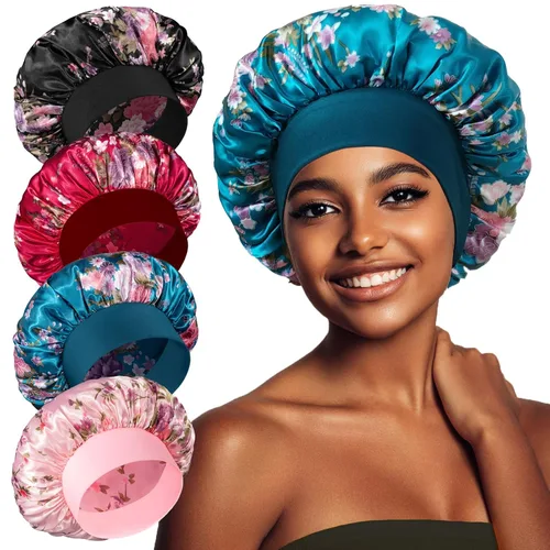 Vista 8 de vidsel 4 gorros de satén para mujer, gorro de seda para dormir, gorra de dormir de banda ancha para trenzas de cabello rizado
