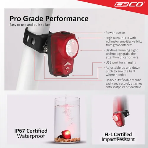 Vista 4 de CECO Luz trasera de bicicleta recargable USB súper brillante de 100 lúmenes, IP67 impermeable, FL-1 resistente a los impactos, calidad de grado