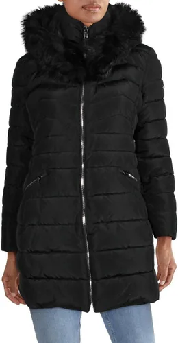 Vista 29 de Laundry by Shelli Segal Chaqueta acolchada elástica para mujer, abrigo largo de invierno con capucha de piel sintética