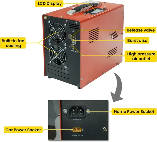 Vista 6 de TUXING Compresor de aire Pcp de 4500 Psi/30Mpa, pantalla LCD digital de presión fija, motor potente de 350 W, alimentado por automóvil 12 V CC