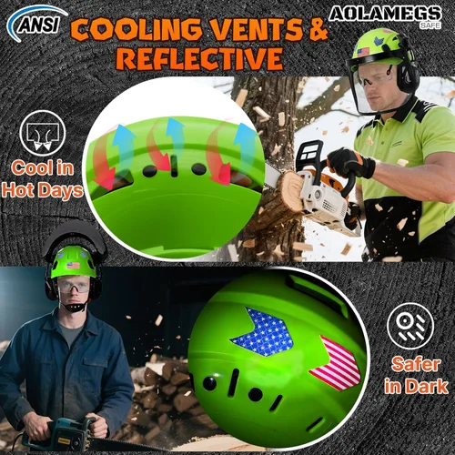 Vista 5 de Casco de motosierra con protector facial y orejeras, casco de arborista ventilado con protección auditiva y máscara de malla completa, casco Kit
