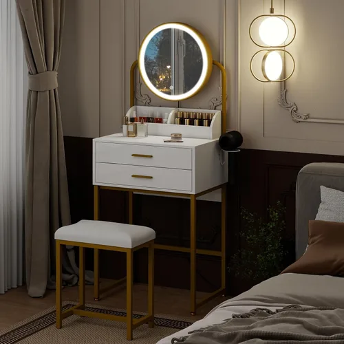 Vista 6 de ARTETHYS Escritorio pequeño con espejo y luces, tocador de maquillaje compacto blanco con silla, moderno tocador que ahorra espacio con cajón