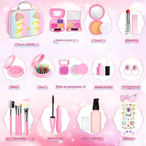 Vista 5 de Maquillaje de simulación para niños pequeños, juego de maquillaje de juguete para niños de 3 a 5 años, kit de maquillaje de juguete para niños